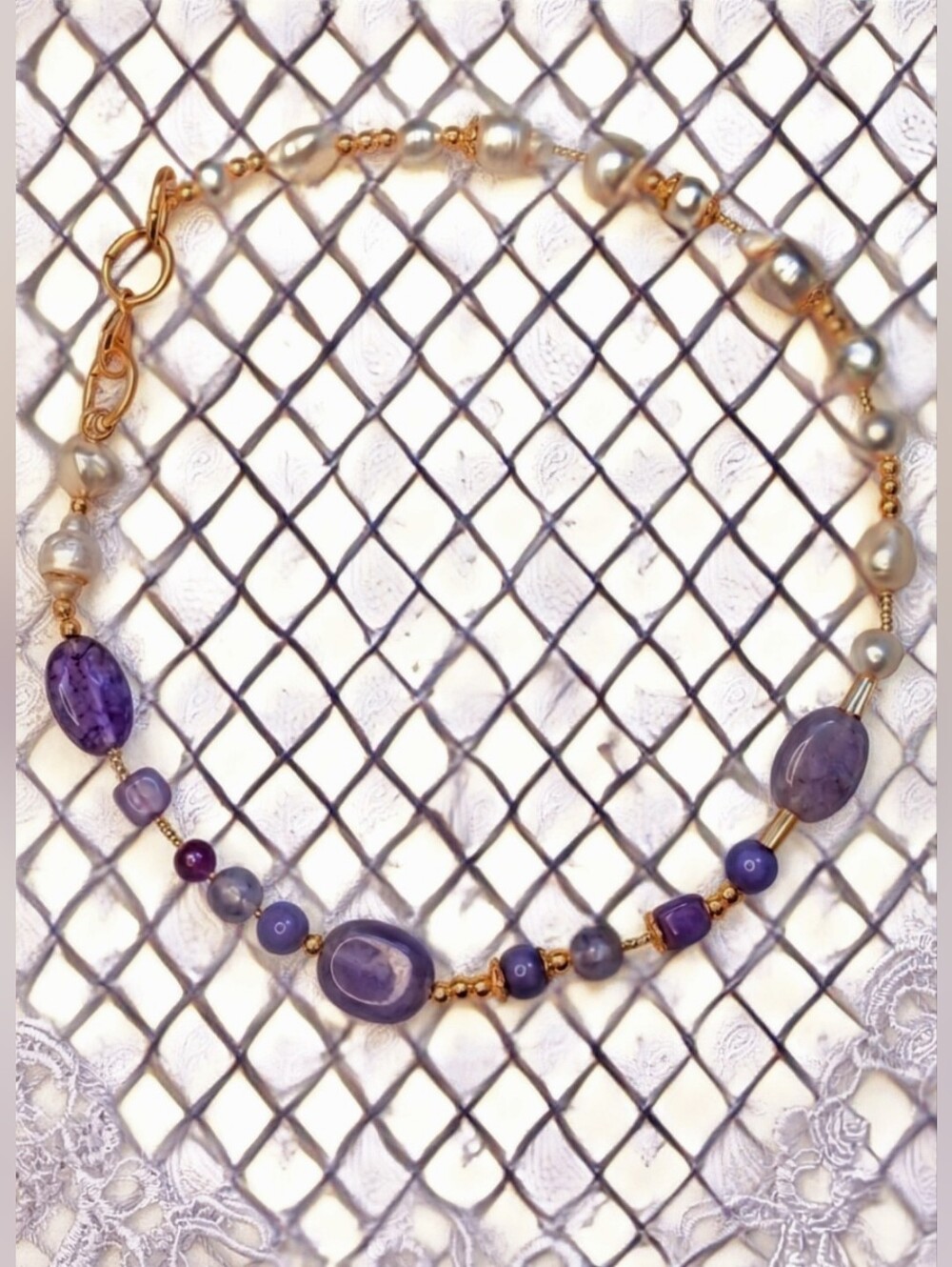 Natural Lavender Jade & White Baroque Pearls In Assymetrical Freeform Necklace